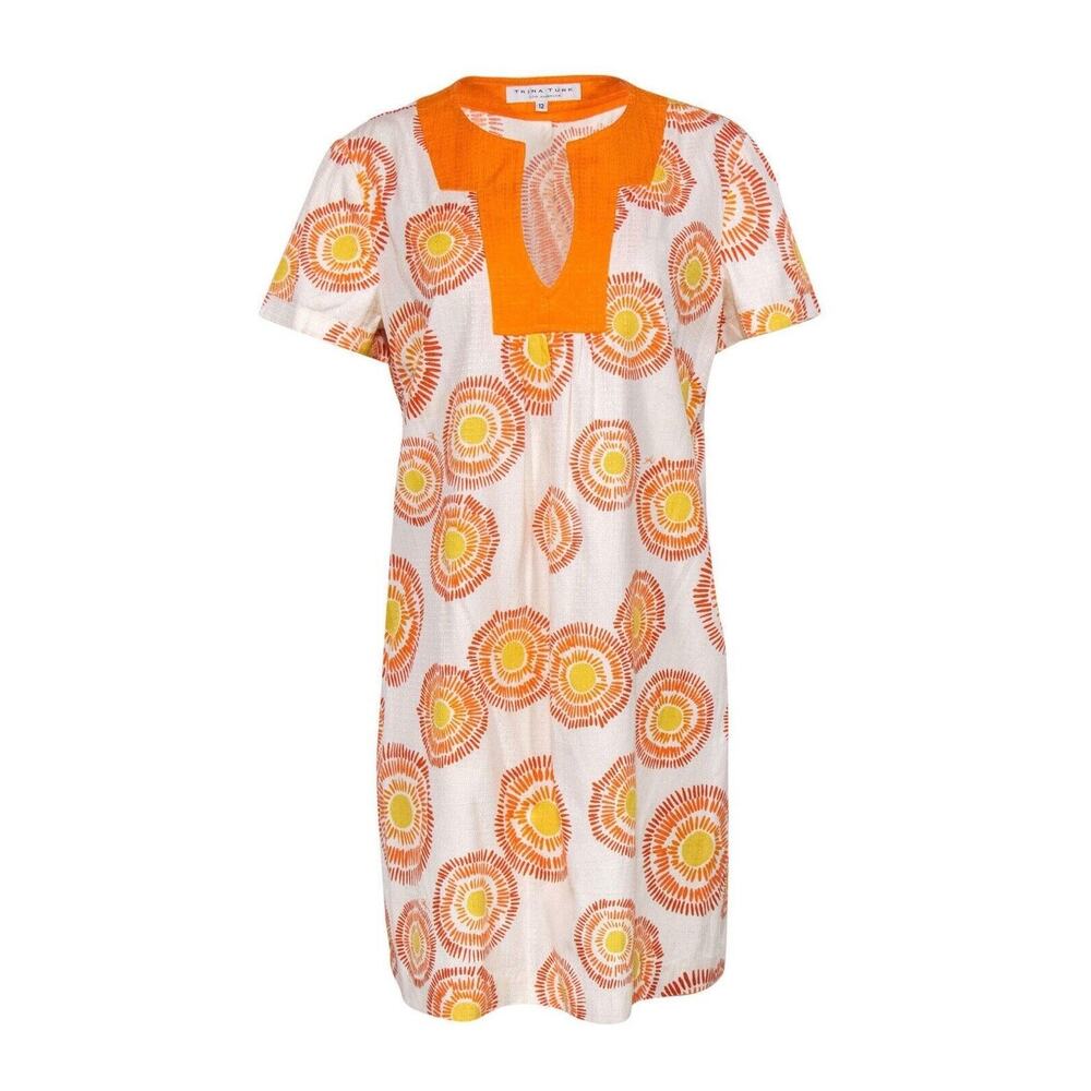 Trina Turk White, Orange Yellow Printed Short Sleeve Shift Dress Silk Blend Sz 2